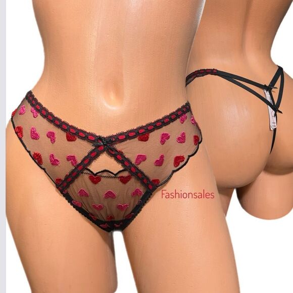 Victorias Secret Dream Angels Heart Embroidery V-string panty black hearts M - Picture 2 of 6